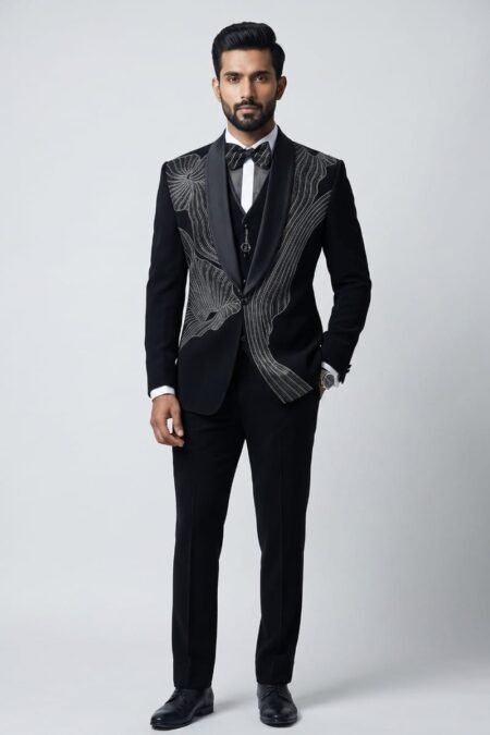 Black Bommario Cutdana Embroidered Tuxedo Suit-JG2280