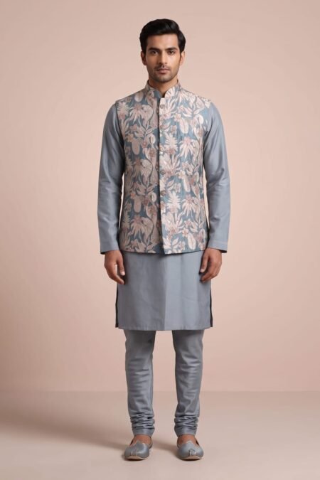 Grey Blue Printed Silk Wasitcoat Kurta with Mandarin Collar-AD2609