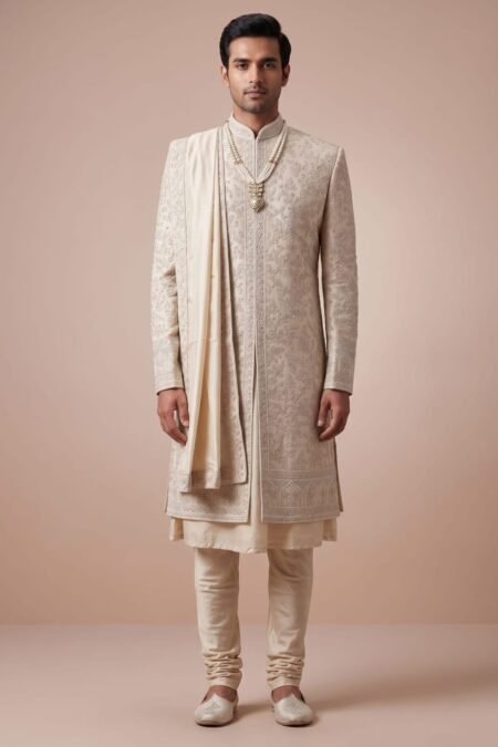 Cream Stone Embroidered Silk Wedding Sherwani-AE2032