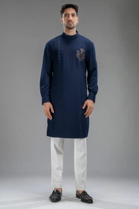 Navy Blue Silk Zari Embroidered Kurta with Standup Collar-JF2258