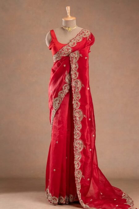 Red Zardosi Embroidered Organza Designer Saree with Unstitched Blouse-AF1418