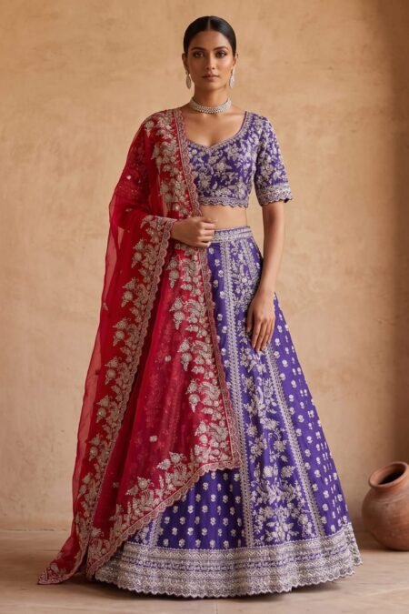 Blue Sequins Embroidered Silk Lehenga with Contrast Dupatta-AD4433
