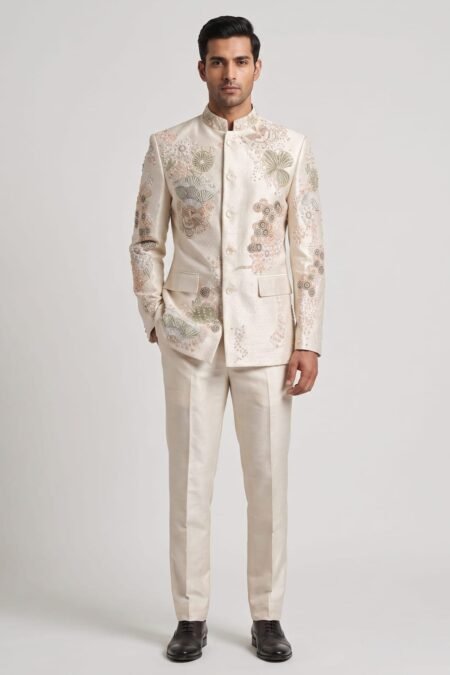 Cream Sequins Embroidered Silk Jodhpuri Suit-AE1530