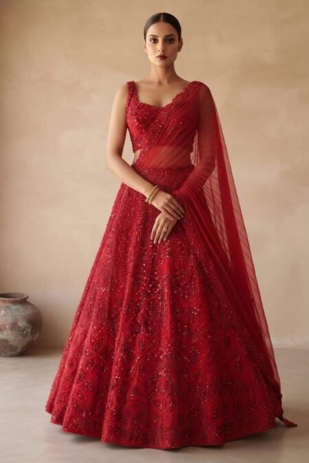 Dark Red Sequins Embroidered Net Designer Lehenga with Sleeveless Blouse-AE2319