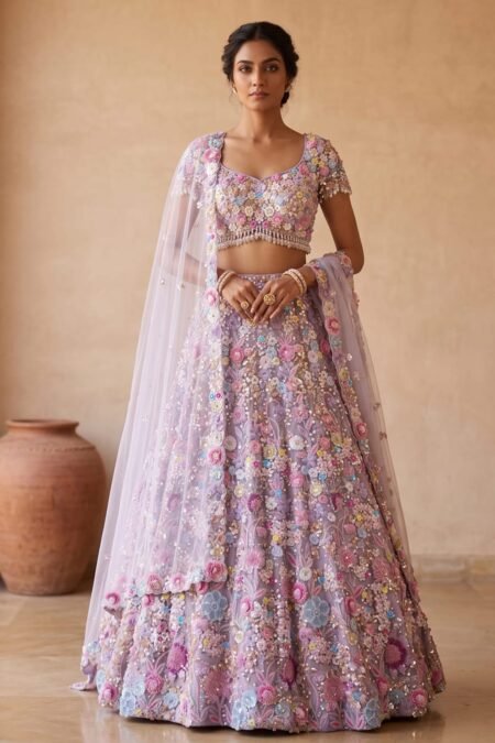 Lavender Sequins Embroidered Net Designer Lehenga with Elbow Sleeves Blouse-AE1136