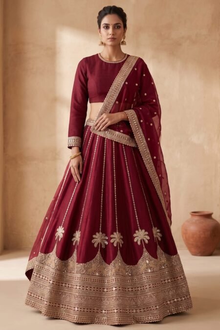 Red Zari Embroidered Silk Designer Lehenga with Full Sleeves Blouse-AD5321