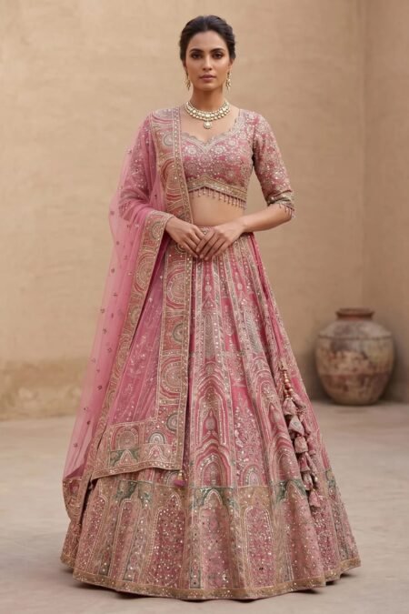 Pink Printed Silk Bridesmaids Lehenga with Embroidered Elbow Sleeve Blouse-AD4041